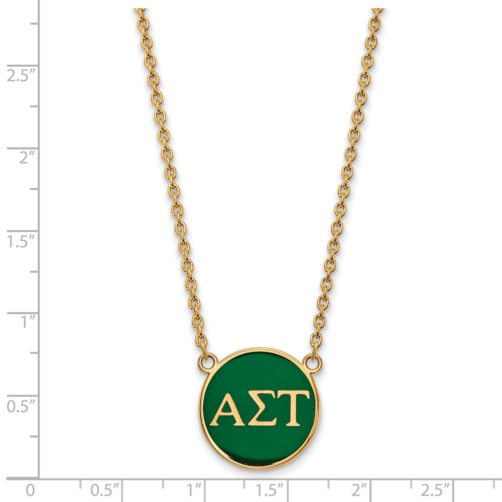 Alternate view of the 14K Plated Silver Alpha Sigma Tau Large Green Enamel Disc Necklace by The Black Bow Jewelry Co.