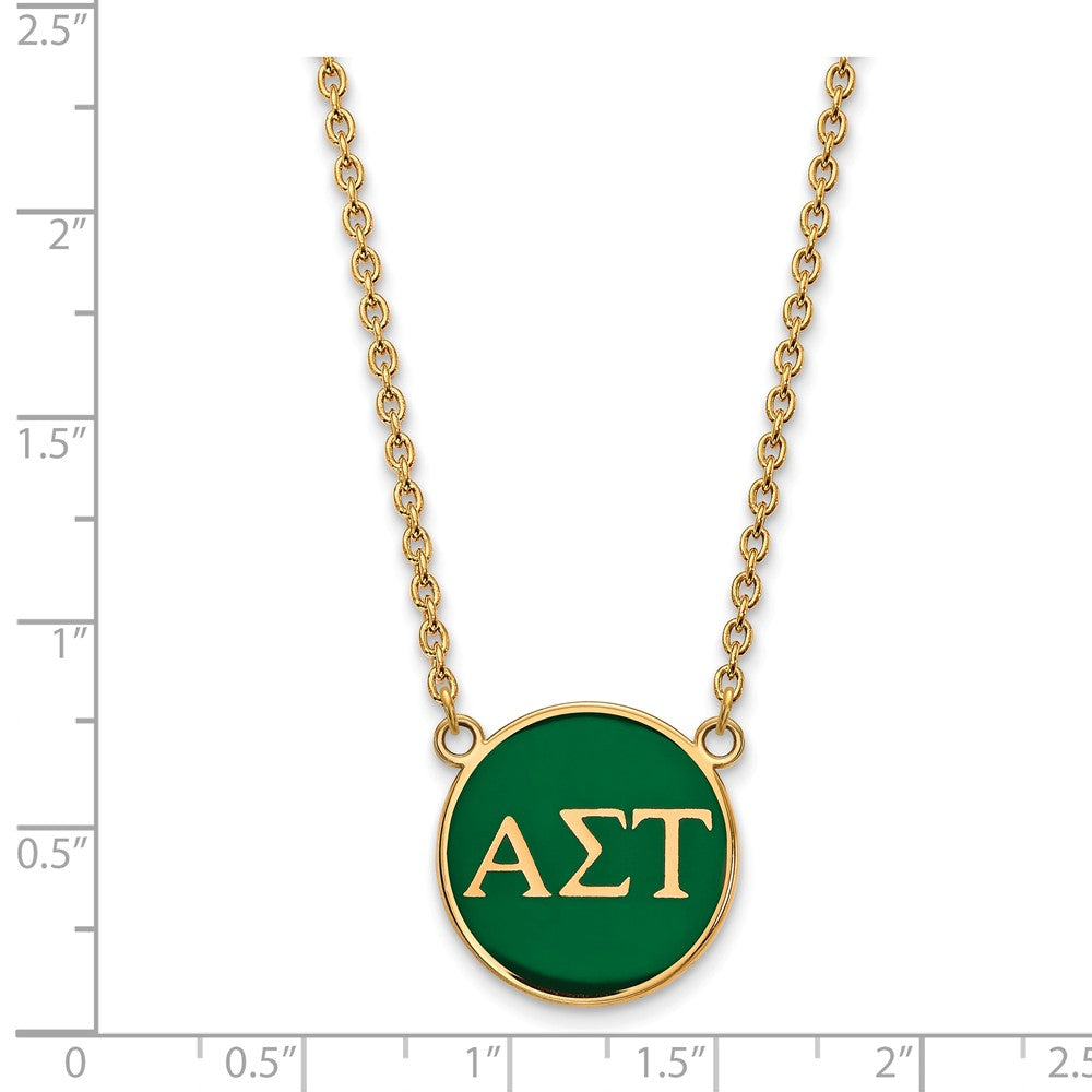 Alternate view of the 14K Plated Silver Alpha Sigma Tau Large Green Enamel Disc Necklace by The Black Bow Jewelry Co.