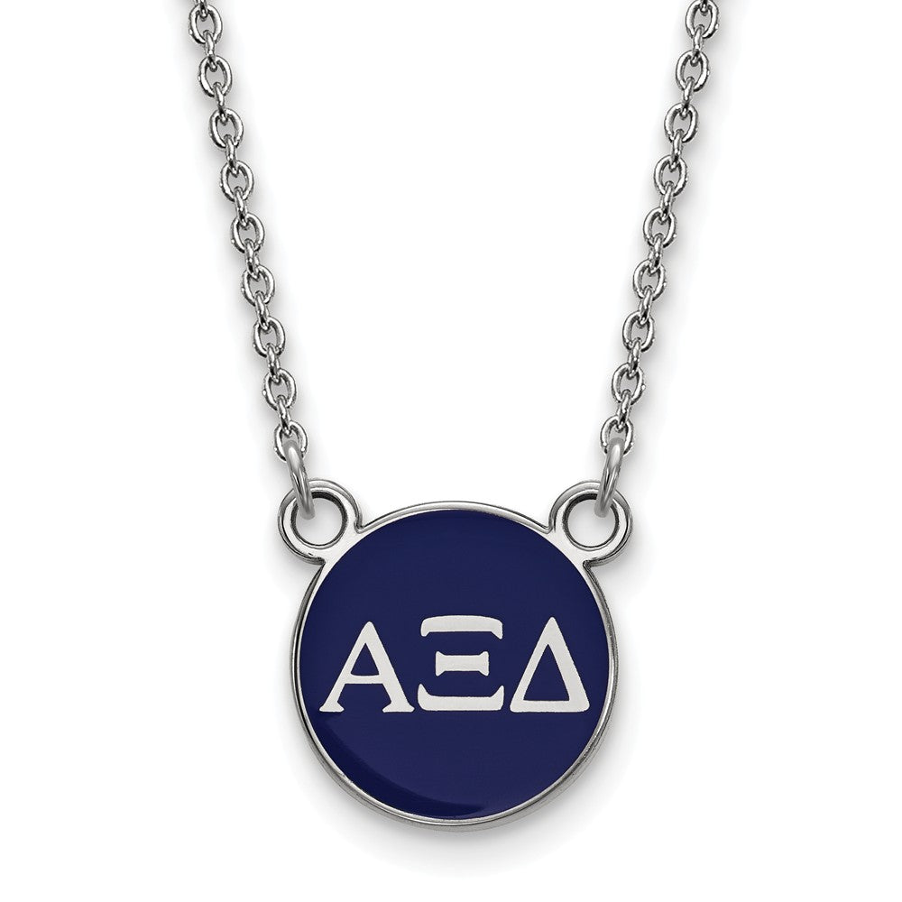 Sterling Silver Alpha Xi Delta Small Blue Enamel Disc Necklace, Item N14793 by The Black Bow Jewelry Co.