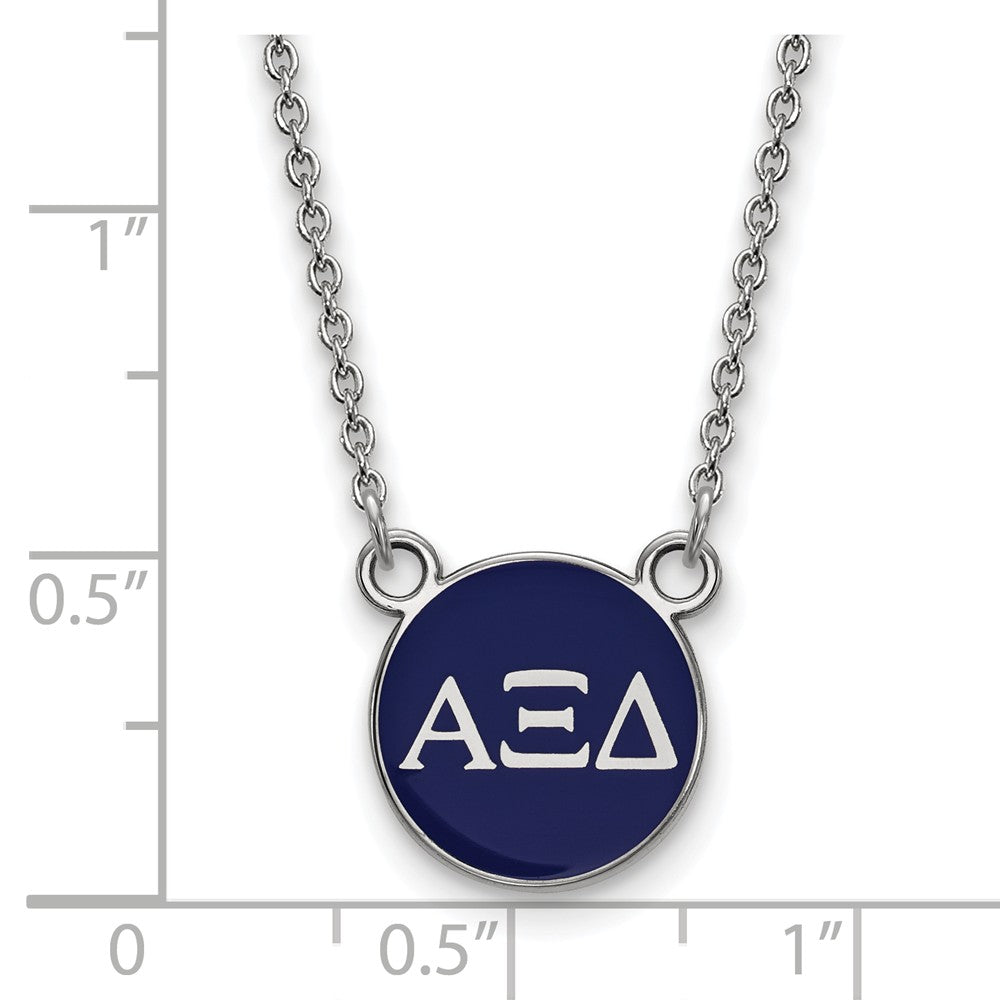 Alternate view of the Sterling Silver Alpha Xi Delta Small Blue Enamel Disc Necklace by The Black Bow Jewelry Co.