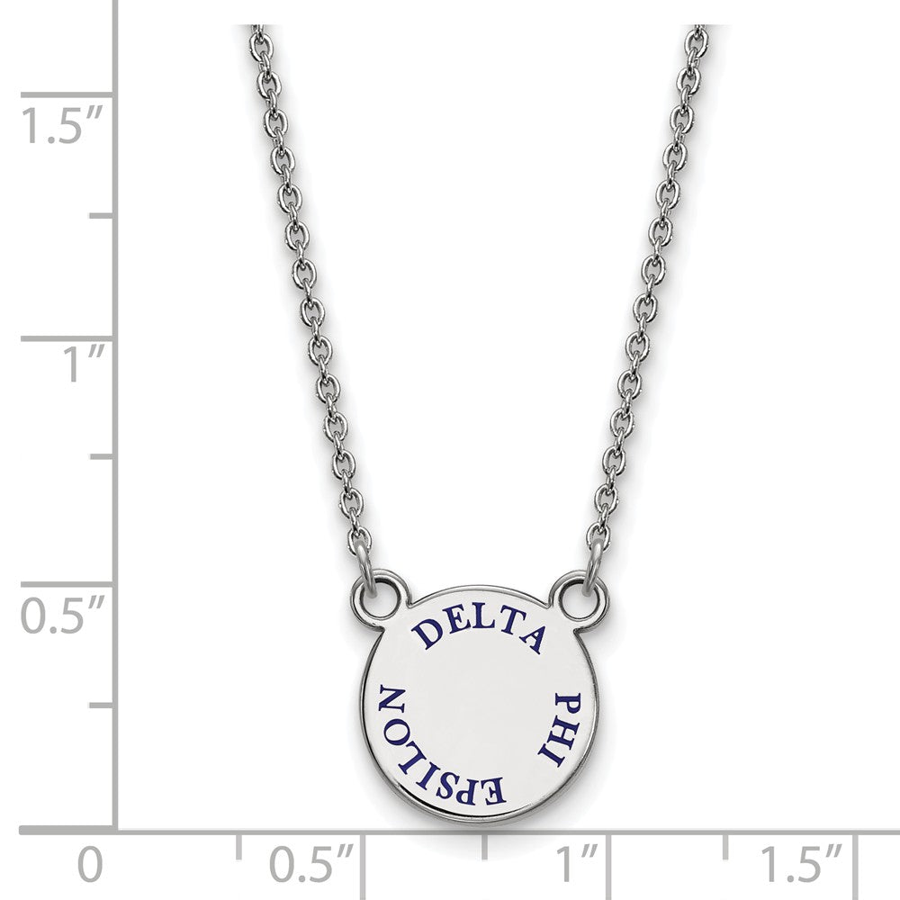 Alternate view of the Sterling Silver Delta Phi Epsilon Small Blue Enamel Necklace by The Black Bow Jewelry Co.