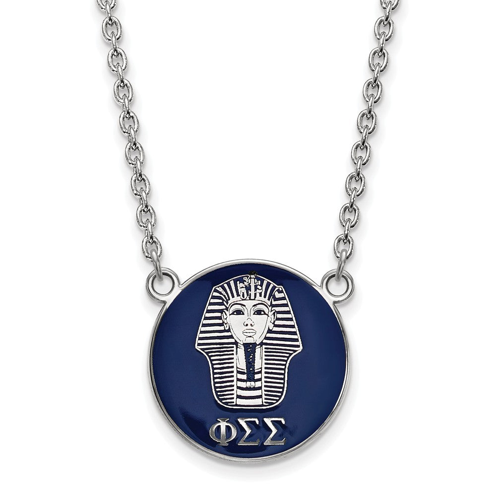 Sterling Silver Phi Sigma Sigma Large Navy Enamel Sphinx Disc Necklace, Item N14948 by The Black Bow Jewelry Co.
