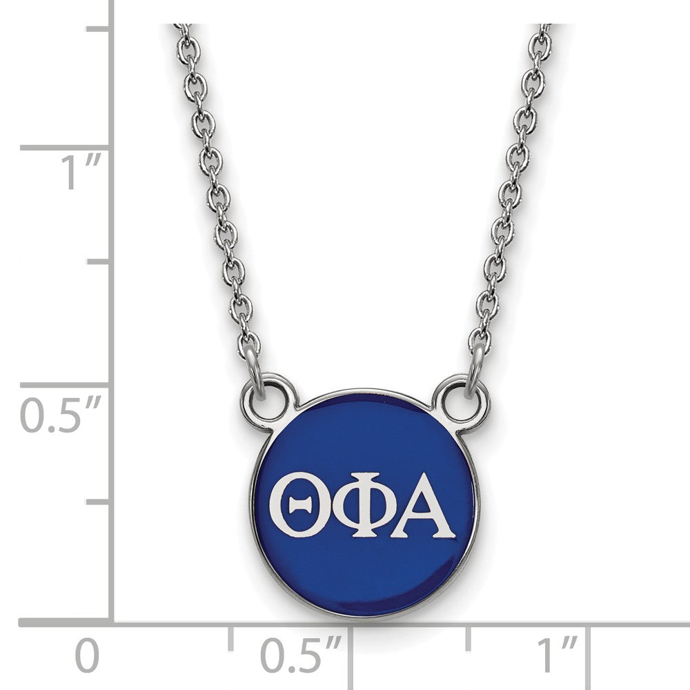 Alternate view of the Sterling Silver Theta Phi Alpha Small Blue Enamel Disc Necklace by The Black Bow Jewelry Co.