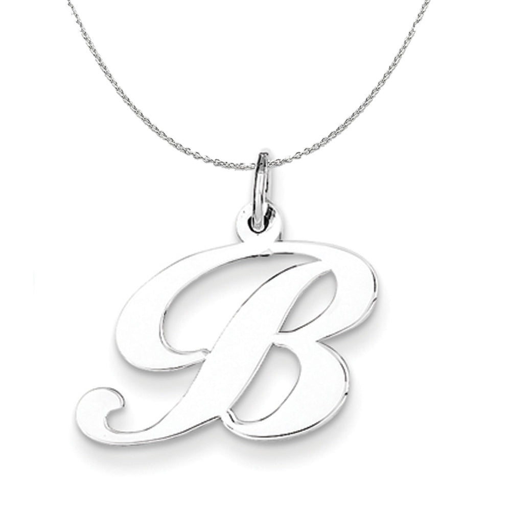 Silver, Ella Collection Medium Fancy Script Initial B Necklace, Item N15217 by The Black Bow Jewelry Co.
