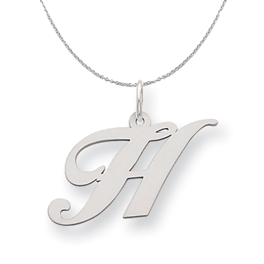Silver, Ella Collection Medium Fancy Script Initial H Necklace, Item N15223 by The Black Bow Jewelry Co.