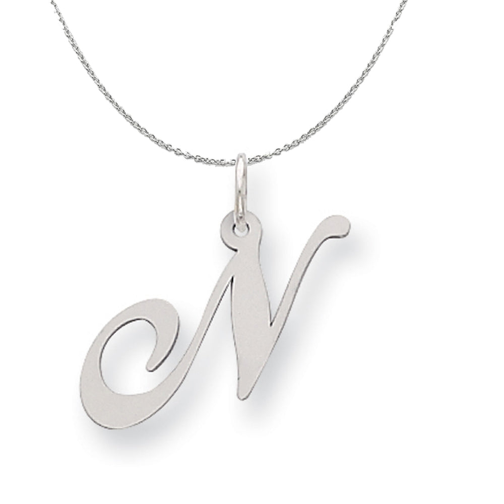 Silver, Ella Collection Medium Fancy Script Initial N Necklace, Item N15229 by The Black Bow Jewelry Co.