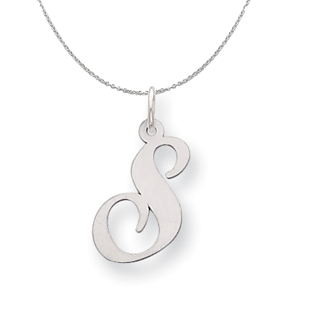 Silver, Ella Collection Medium Fancy Script Initial S Necklace, Item N15233 by The Black Bow Jewelry Co.