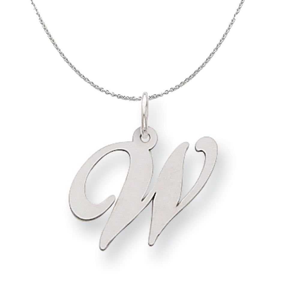 Silver, Ella Collection Medium Fancy Script Initial W Necklace, Item N15236 by The Black Bow Jewelry Co.