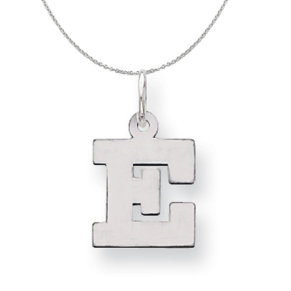 Silver, Amanda Collection Small Block Style Initial E Necklace, Item N15584 by The Black Bow Jewelry Co.