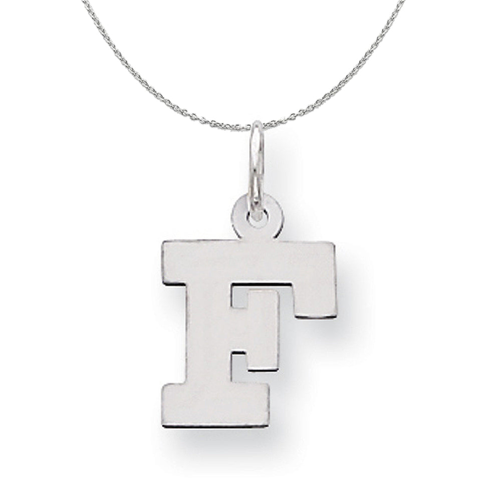 Silver, Amanda Collection Small Block Style Initial F Necklace, Item N15585 by The Black Bow Jewelry Co.