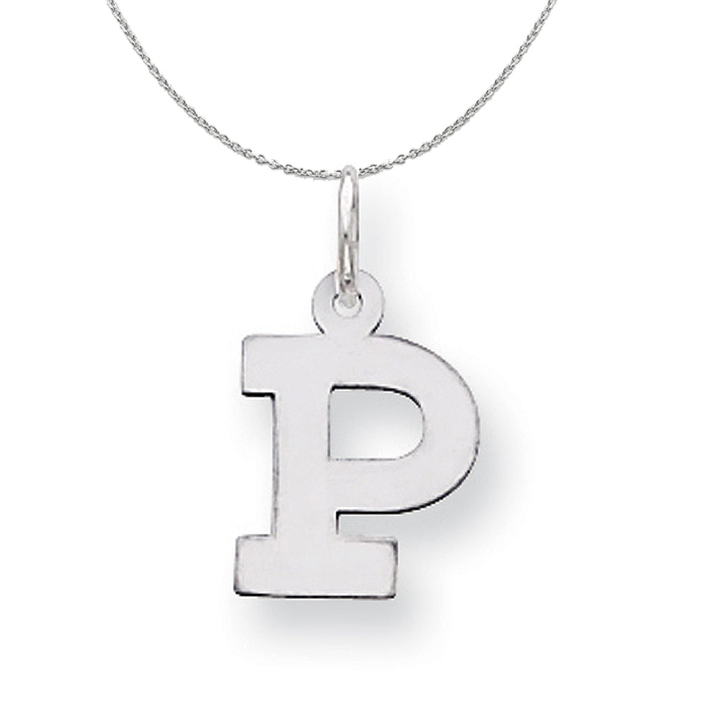 Silver, Amanda Collection Small Block Style Initial P Necklace, Item N15595 by The Black Bow Jewelry Co.
