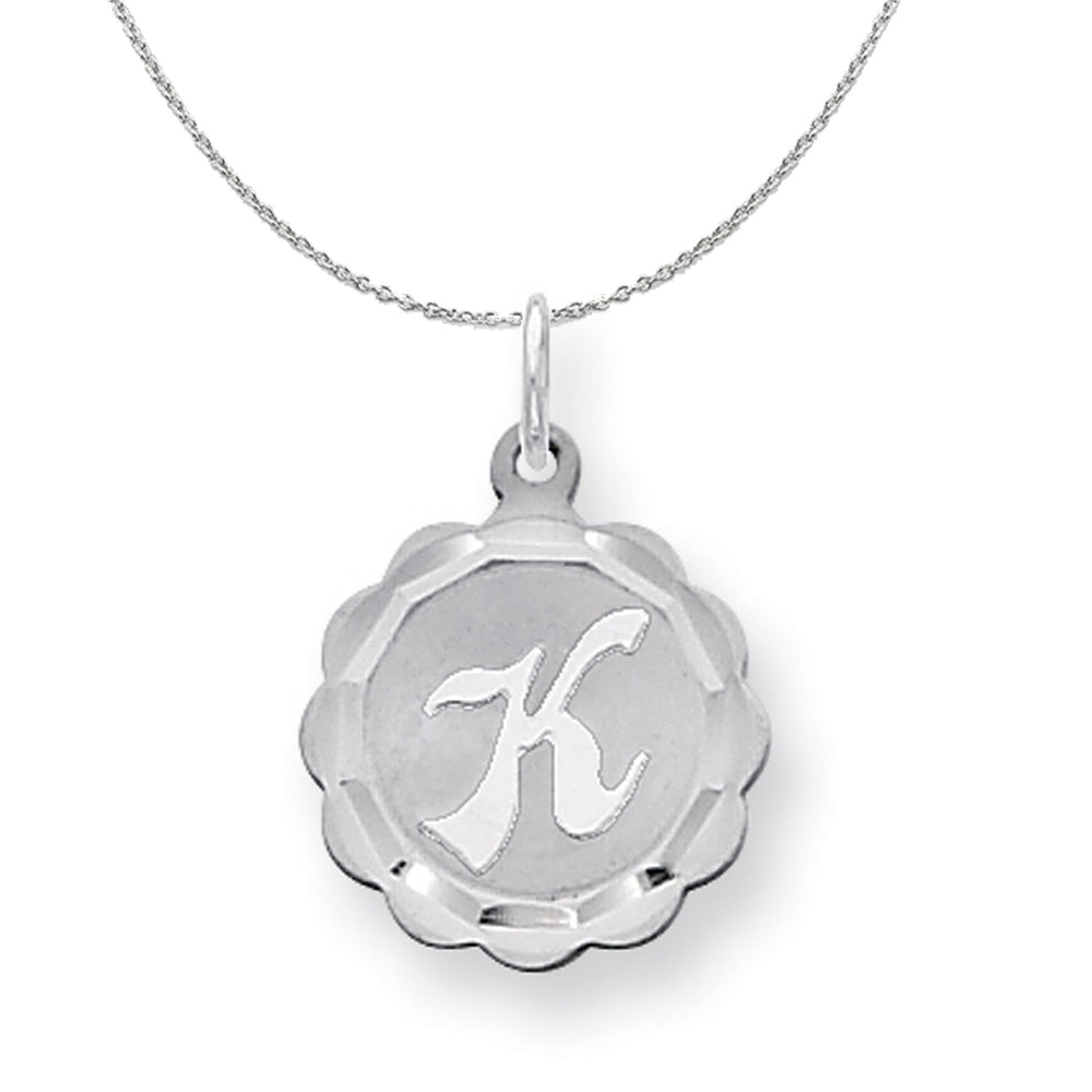 Silver, Sarah Collection 15mm Brocaded Disc Initial K Necklace, Item N15628 by The Black Bow Jewelry Co.