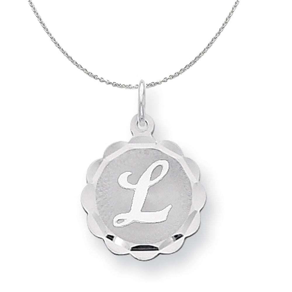 Silver, Sarah Collection 15mm Brocaded Disc Initial L Necklace, Item N15629 by The Black Bow Jewelry Co.
