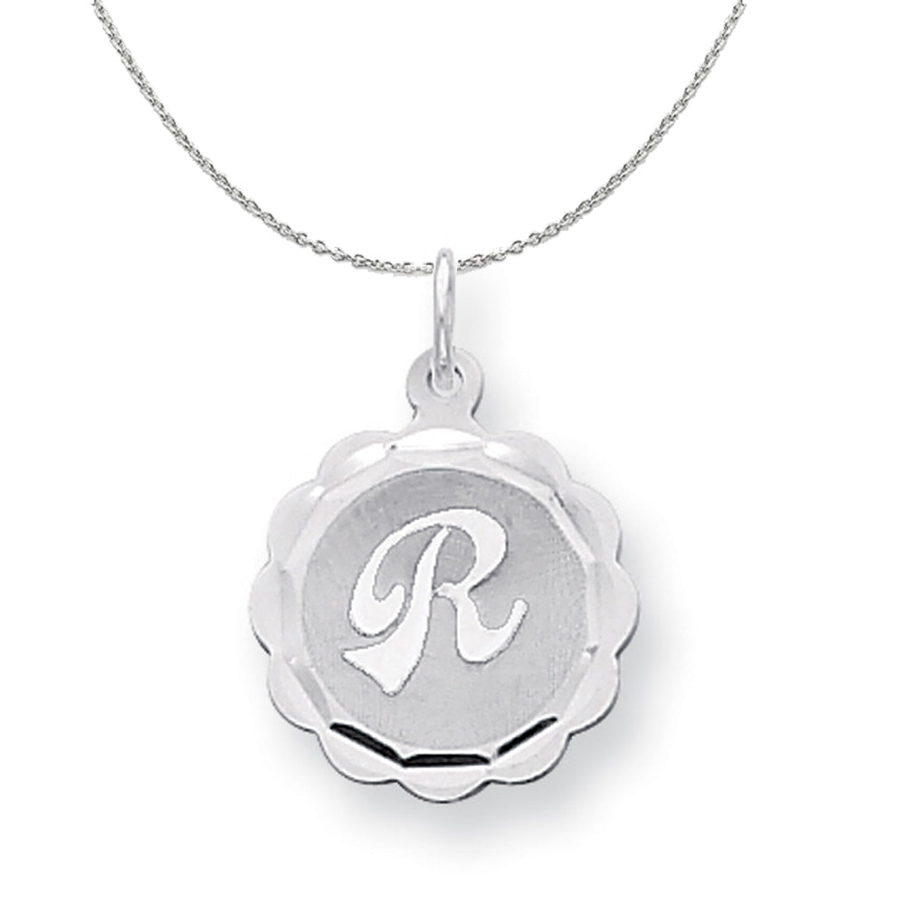 Silver, Sarah Collection 15mm Brocaded Disc Initial R Necklace, Item N15634 by The Black Bow Jewelry Co.