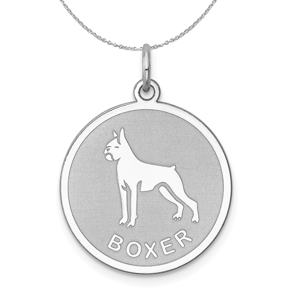 Sterling Silver Laser Etched Boxer Dog 19mm Necklace, Item N15722 by The Black Bow Jewelry Co.