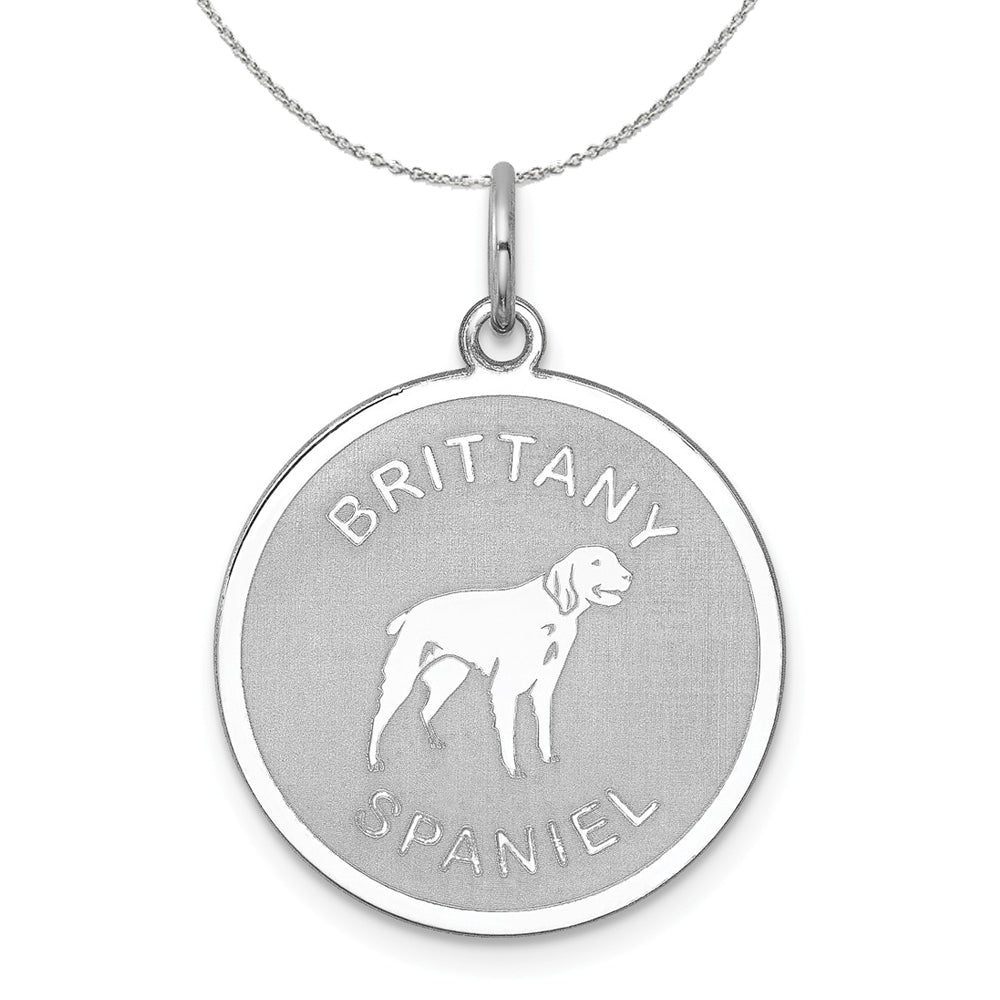 Sterling Silver Laser Etched Brittany Spaniel Dog 19mm Necklace, Item N15723 by The Black Bow Jewelry Co.