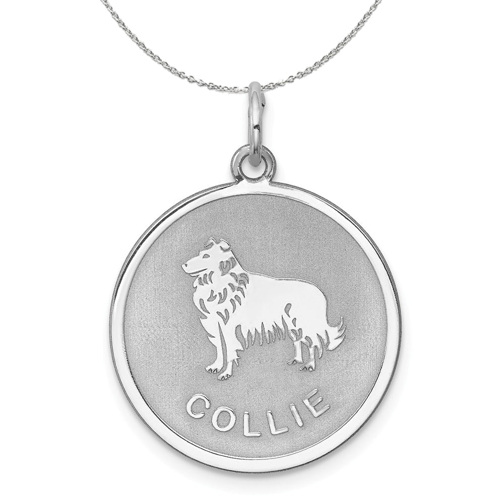 Sterling Silver Laser Etched Collie Dog 19mm Necklace, Item N15729 by The Black Bow Jewelry Co.