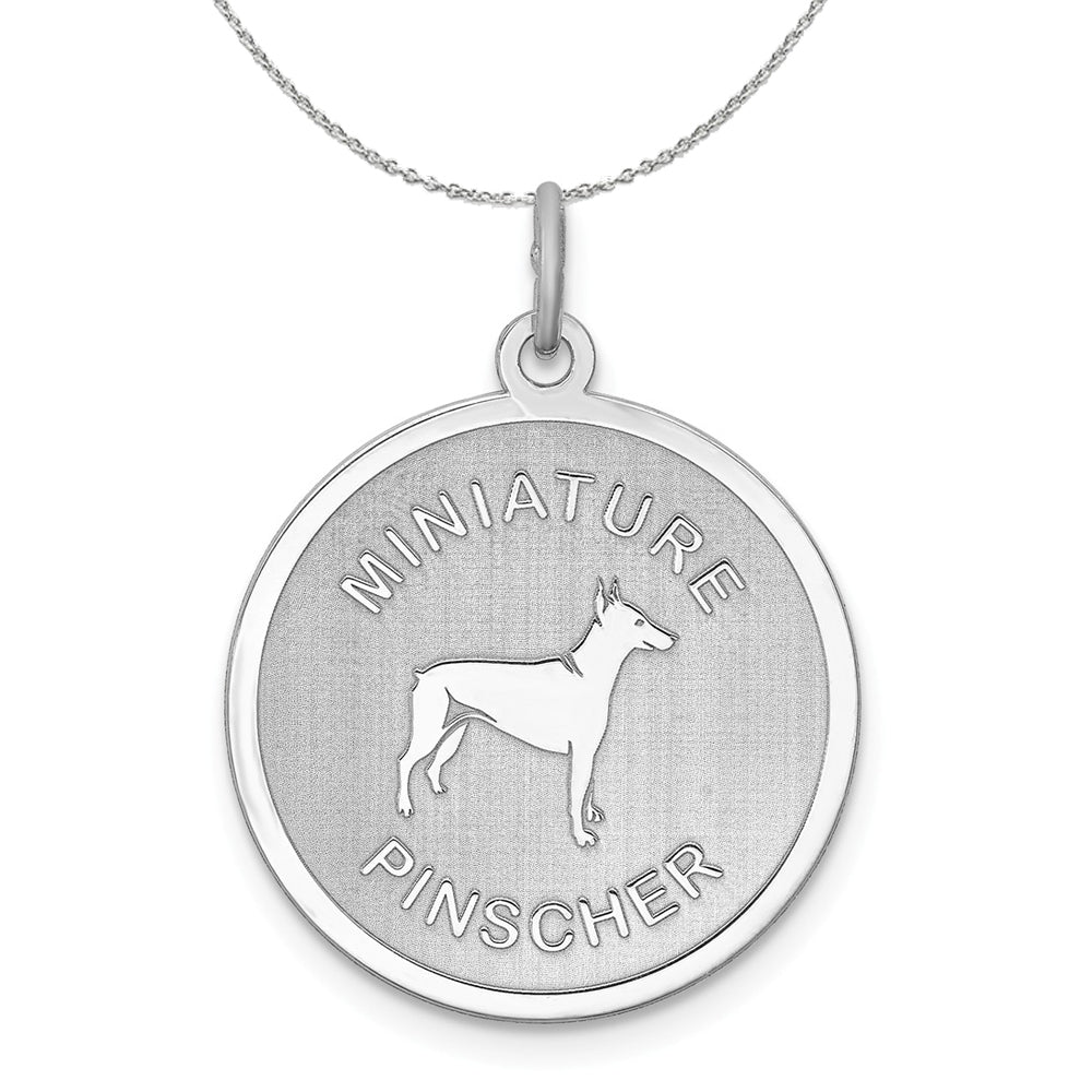 Sterling Silver Laser Etched Miniature Pinscher Dog 19mm Necklace, Item N15743 by The Black Bow Jewelry Co.