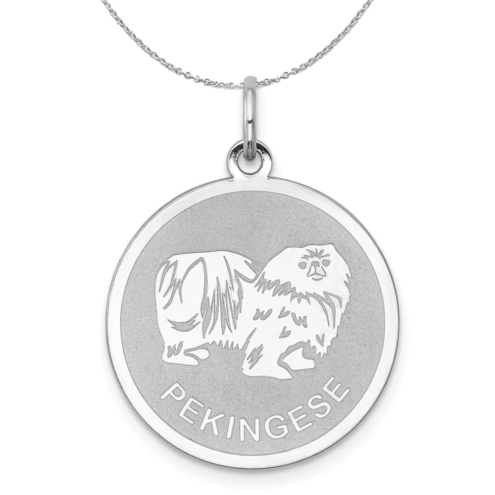 Sterling Silver Laser Etched Pekingese Dog 19mm Necklace, Item N15744 by The Black Bow Jewelry Co.