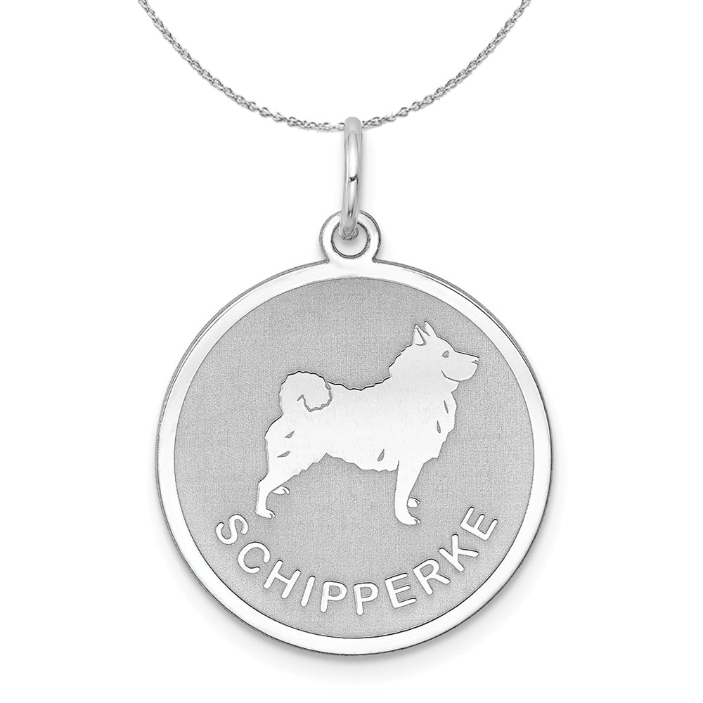 Sterling Silver Laser Etched Schipperke Dog 19mm Necklace, Item N15749 by The Black Bow Jewelry Co.