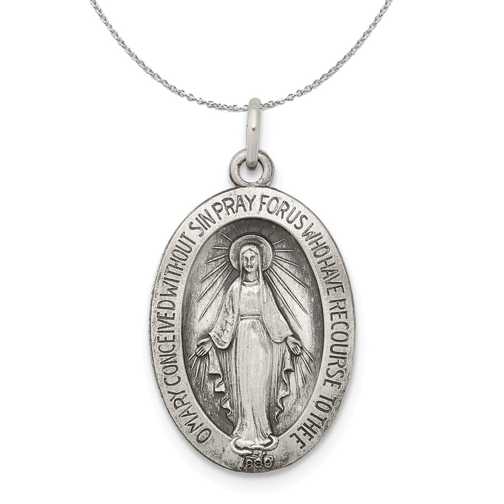Antiqued Sterling Silver Oval Miraculous Medal Necklace, Item N15780 by The Black Bow Jewelry Co.