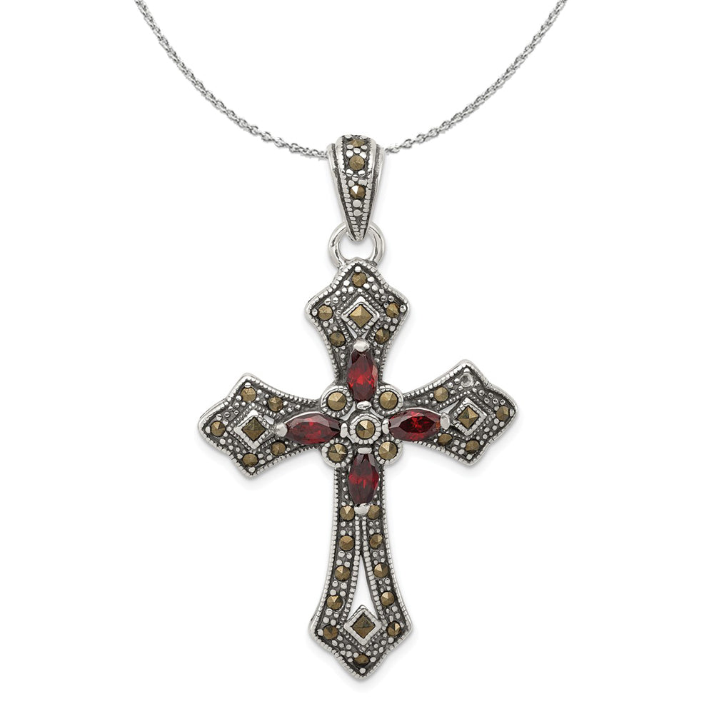 Sterling Silver, Red CZ &amp; Marcasite Antiqued Passion Cross Necklace, Item N15792 by The Black Bow Jewelry Co.