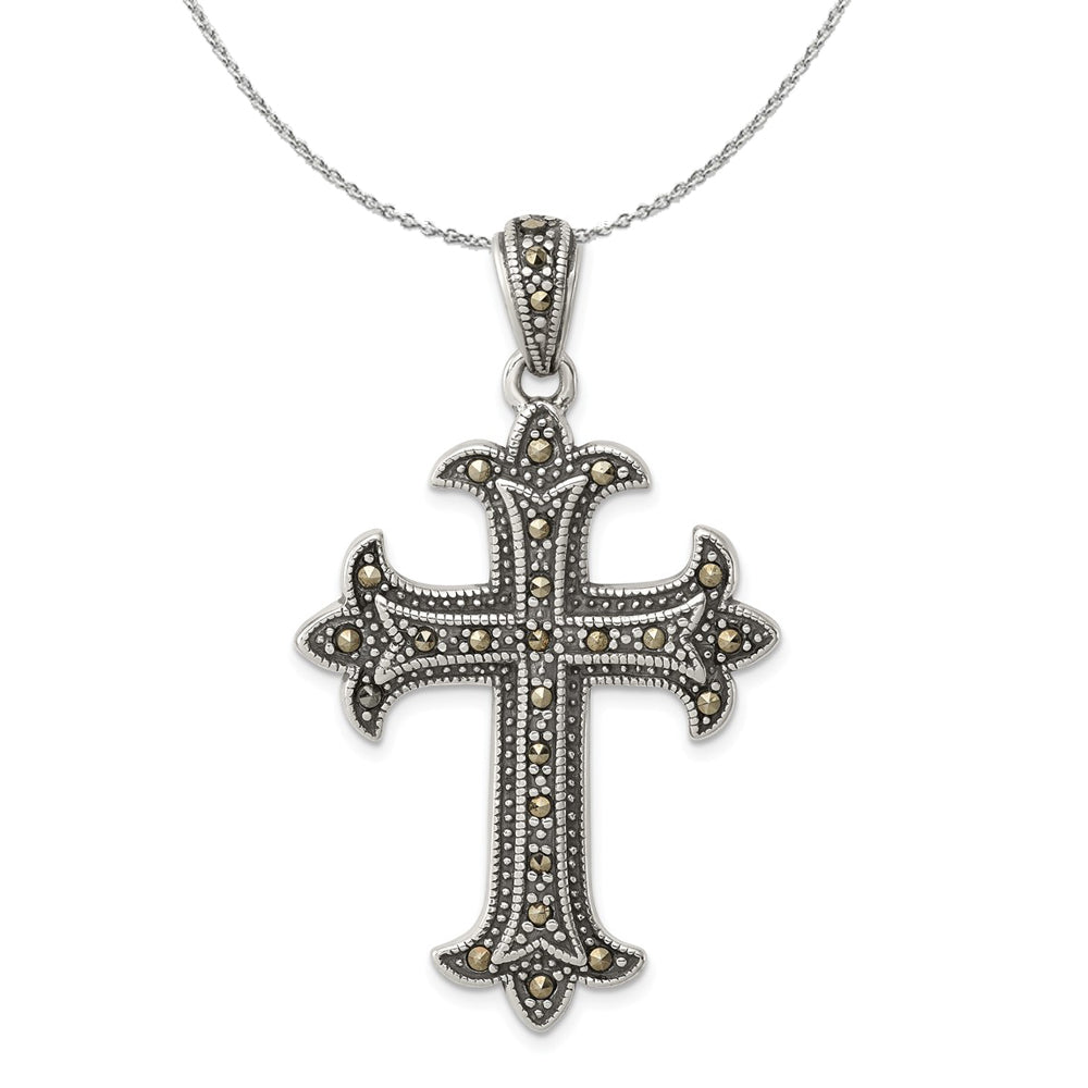 Sterling Silver and Marcasite Antiqued Fleur de Lis Cross Necklace, Item N15793 by The Black Bow Jewelry Co.