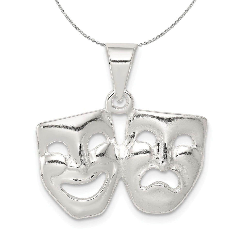 Sterling Silver Polished Comedy and Tragedy Mask Necklace, Item N15864 by The Black Bow Jewelry Co.
