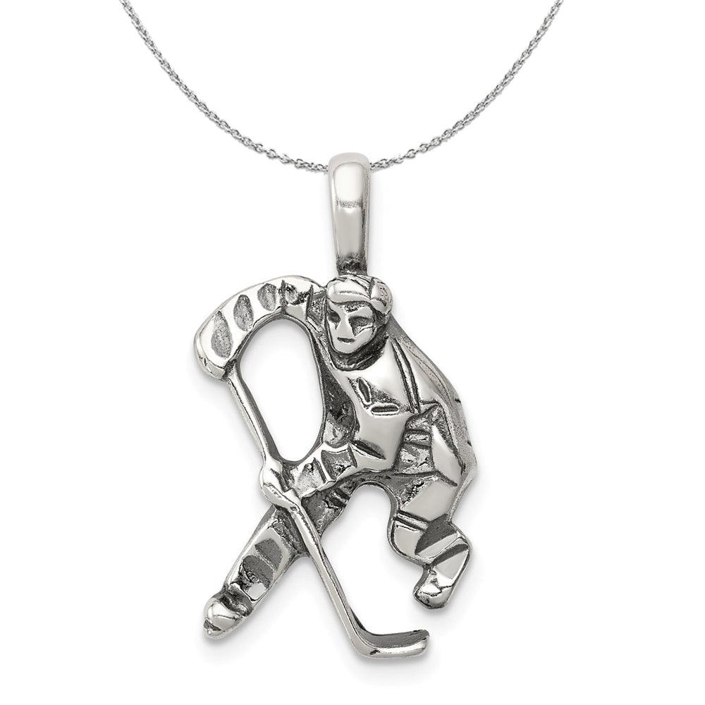 Sterling Silver Antiqued Hockey Player Necklace, Item N15891 by The Black Bow Jewelry Co.