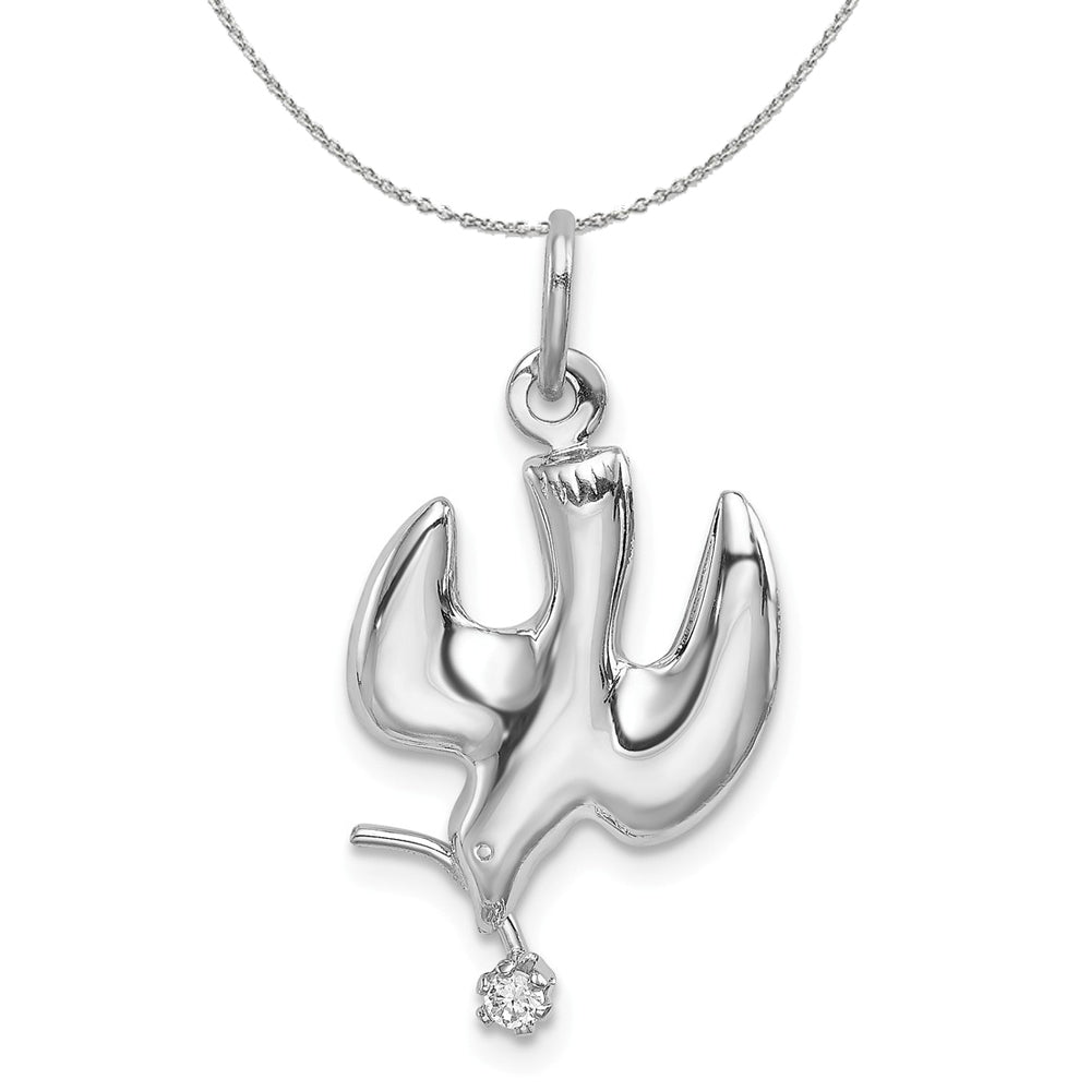 Sterling Silver and Cubic Zirconia Polished Dove with Branch Necklace, Item N15903 by The Black Bow Jewelry Co.