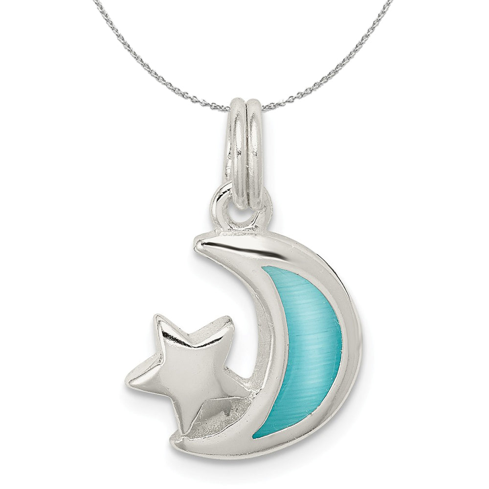 Sterling Silver and Enameled Light Blue Moon and Star Charm Necklace, Item N15942 by The Black Bow Jewelry Co.