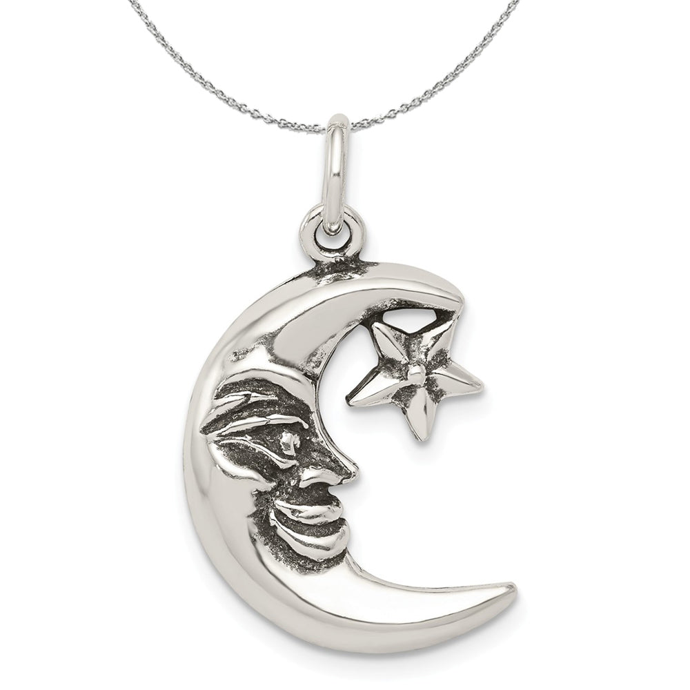 Sterling Silver 2D Antiqued Crescent Moon and Star Necklace, Item N15943 by The Black Bow Jewelry Co.