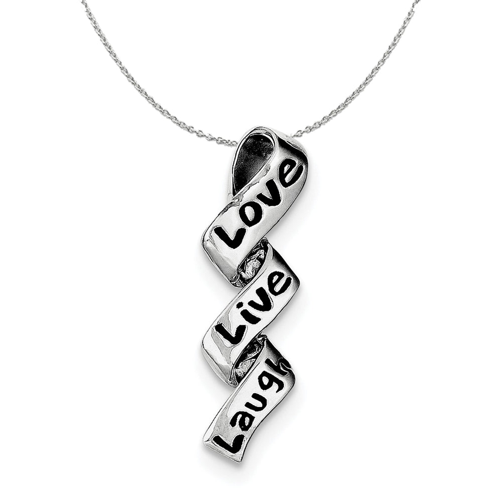 Sterling Silver and Enamel Love, Live, Laugh Ribbon Style Necklace, Item N15949 by The Black Bow Jewelry Co.