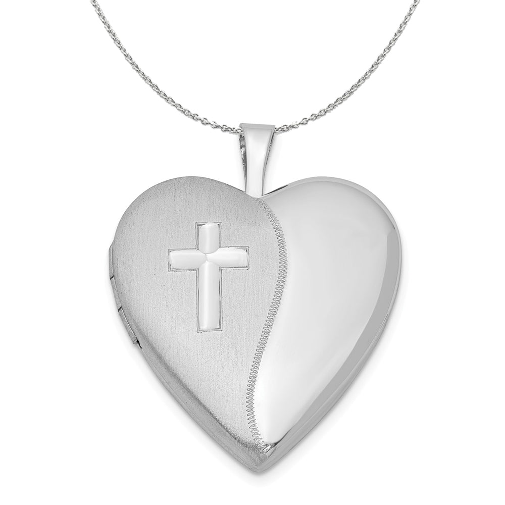 Sterling Silver 20mm Polished and Satin Heart w/ Cross Locket Necklace, Item N15963 by The Black Bow Jewelry Co.