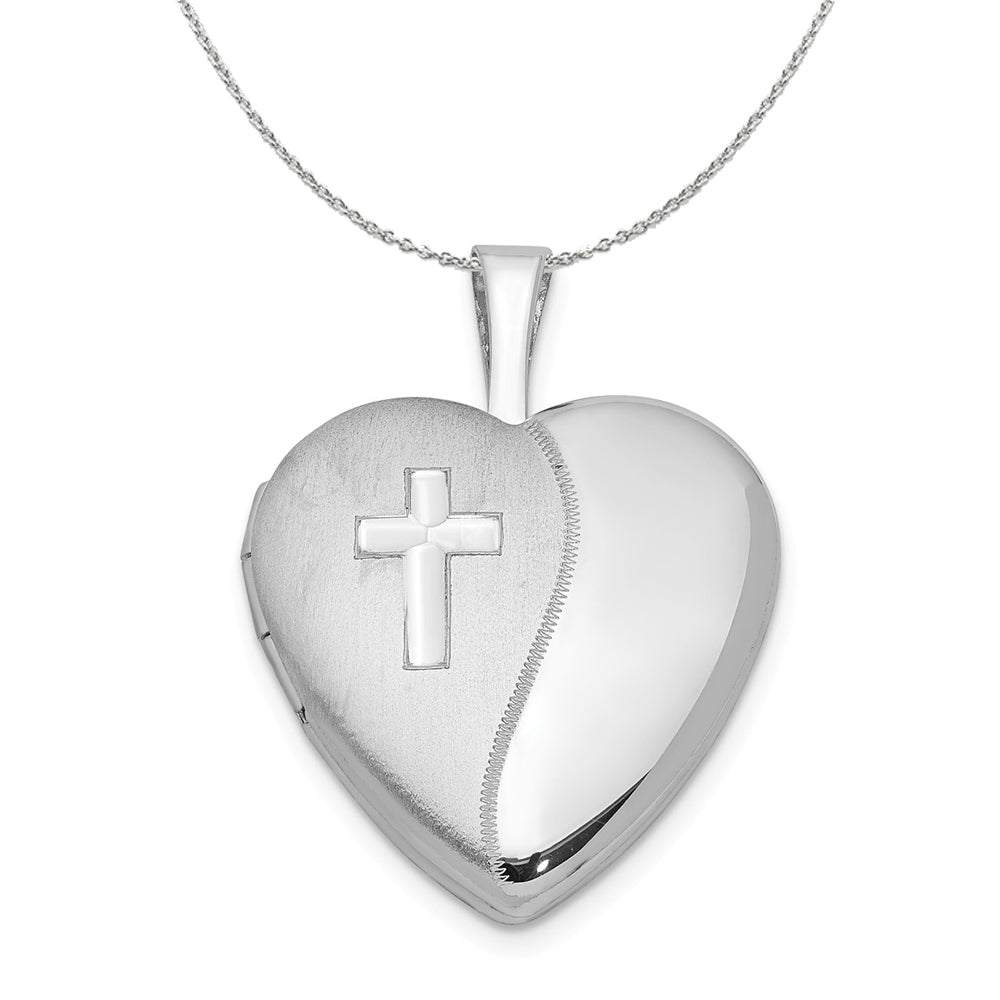 Sterling Silver 16mm Polished and Satin Heart w/ Cross Locket Necklace, Item N15964 by The Black Bow Jewelry Co.