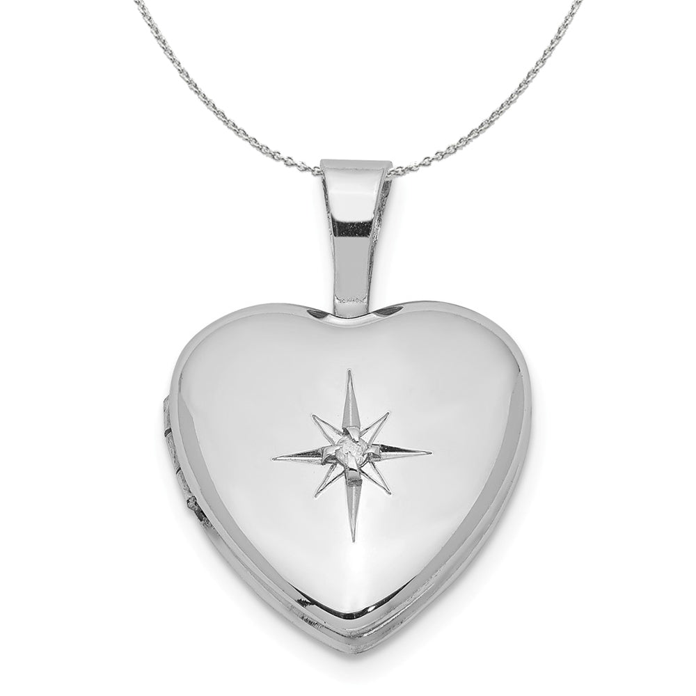 12mm Diamond Star Design Heart Shaped Silver Locket Necklace, Item N15968 by The Black Bow Jewelry Co.