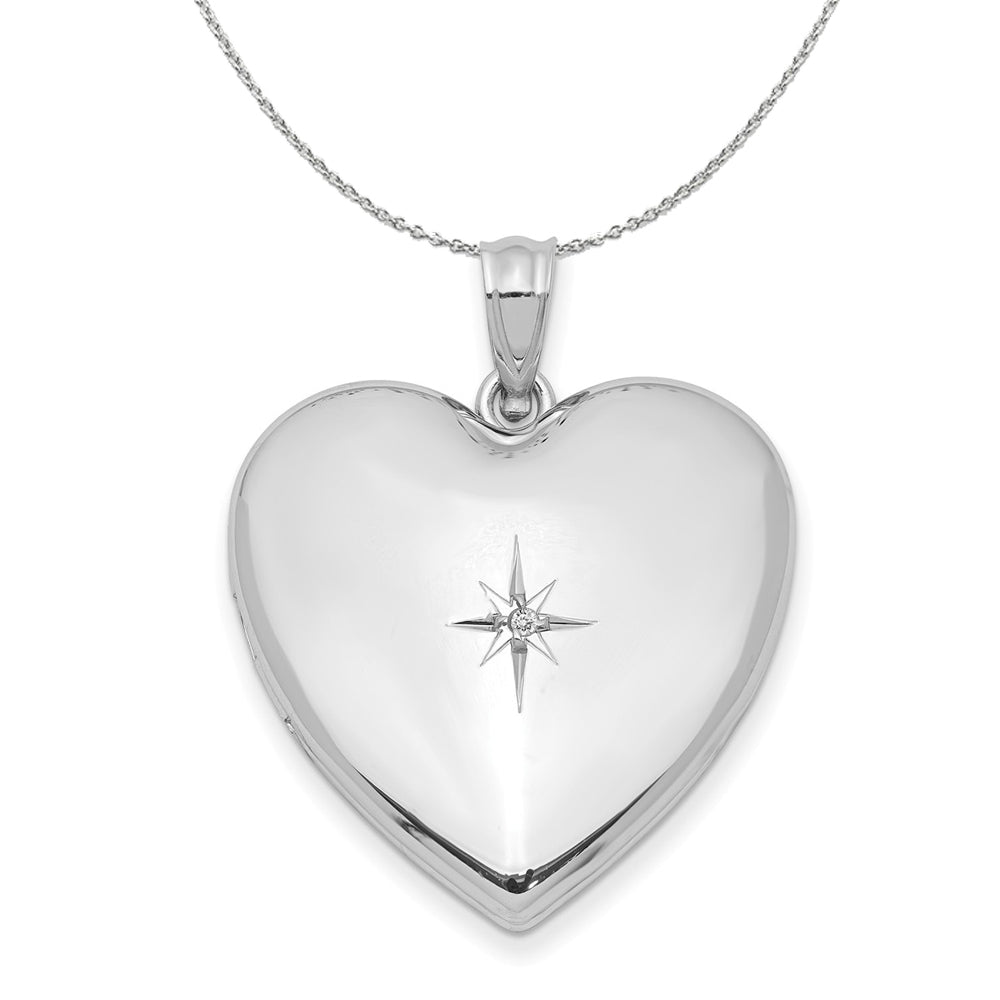 24mm .01 Ct Diamond Star Design Heart Shaped Silver Locket Necklace, Item N15971 by The Black Bow Jewelry Co.
