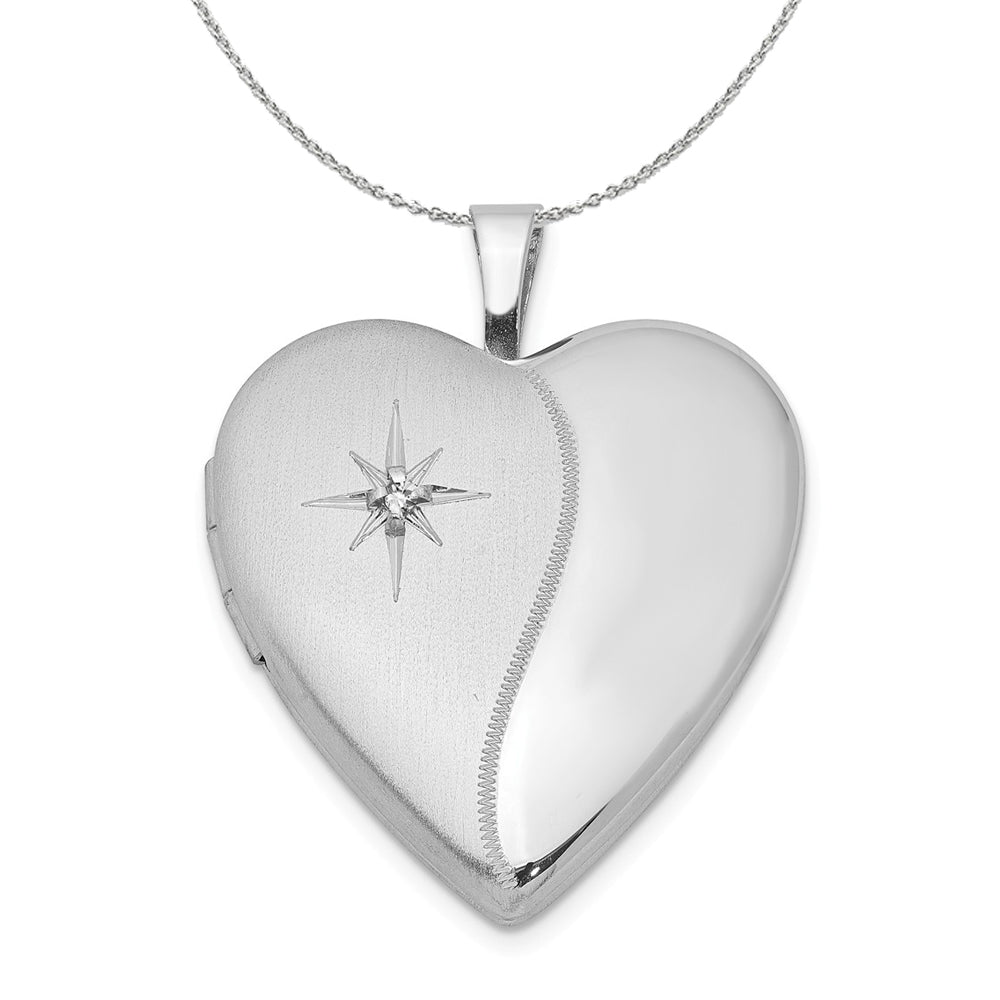 20mm Satin and Polished Diamond Heart Silver Locket Necklace, Item N15975 by The Black Bow Jewelry Co.