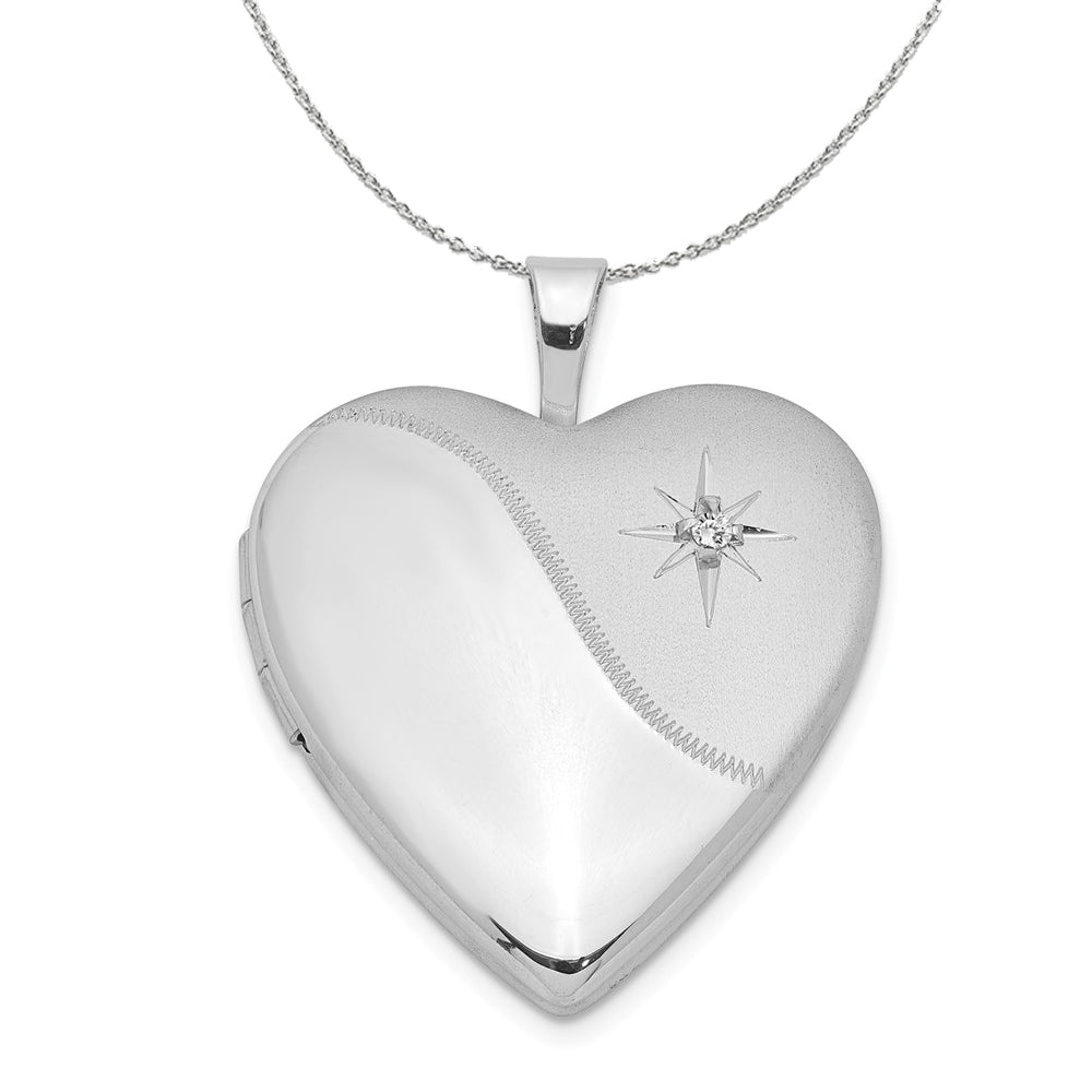20mm Polished and Satin Diamond Heart Silver Locket Necklace, Item N15976 by The Black Bow Jewelry Co.