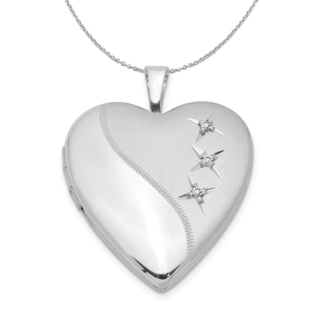 20mm Polished and Satin Triple Diamond Heart Silver Locket Necklace, Item N15979 by The Black Bow Jewelry Co.