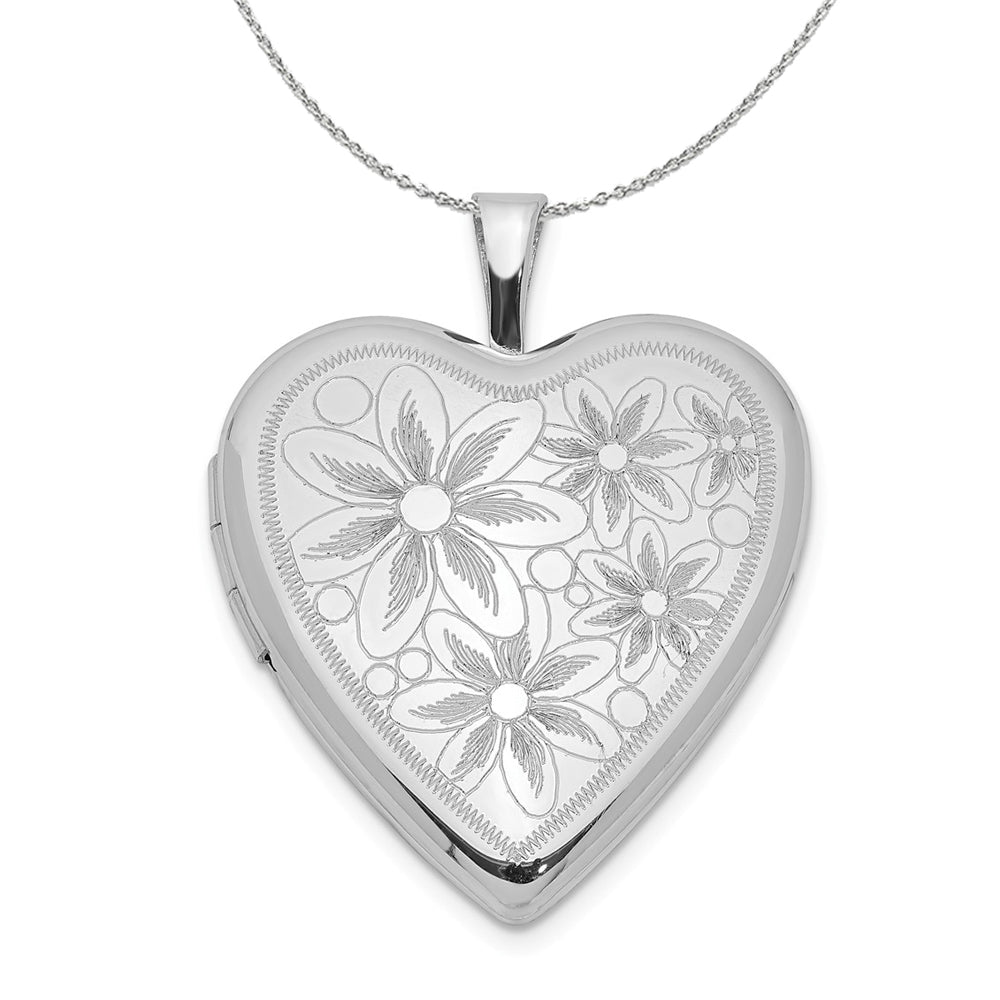 Sterling Silver 20mm Textured Daisies Heart Locket Necklace, Item N15983 by The Black Bow Jewelry Co.