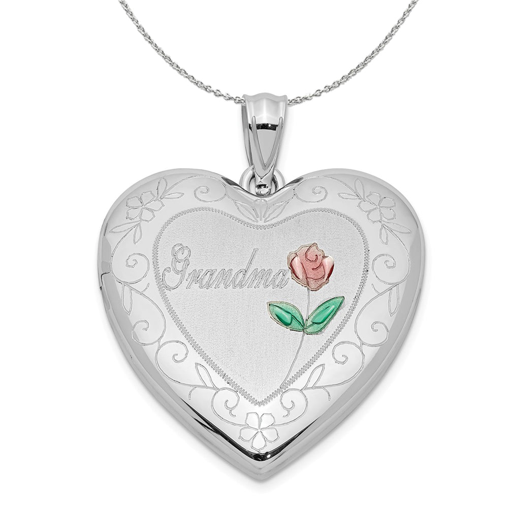 Sterling Silver and Enamel 24mm Grandma Floral Heart Locket Necklace, Item N15987 by The Black Bow Jewelry Co.