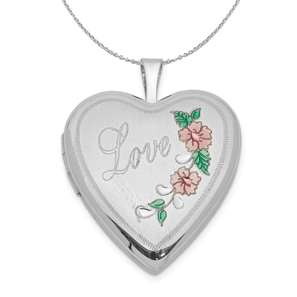 Sterling Silver and Enamel 20mm Love Floral Heart Locket Necklace, Item N15995 by The Black Bow Jewelry Co.