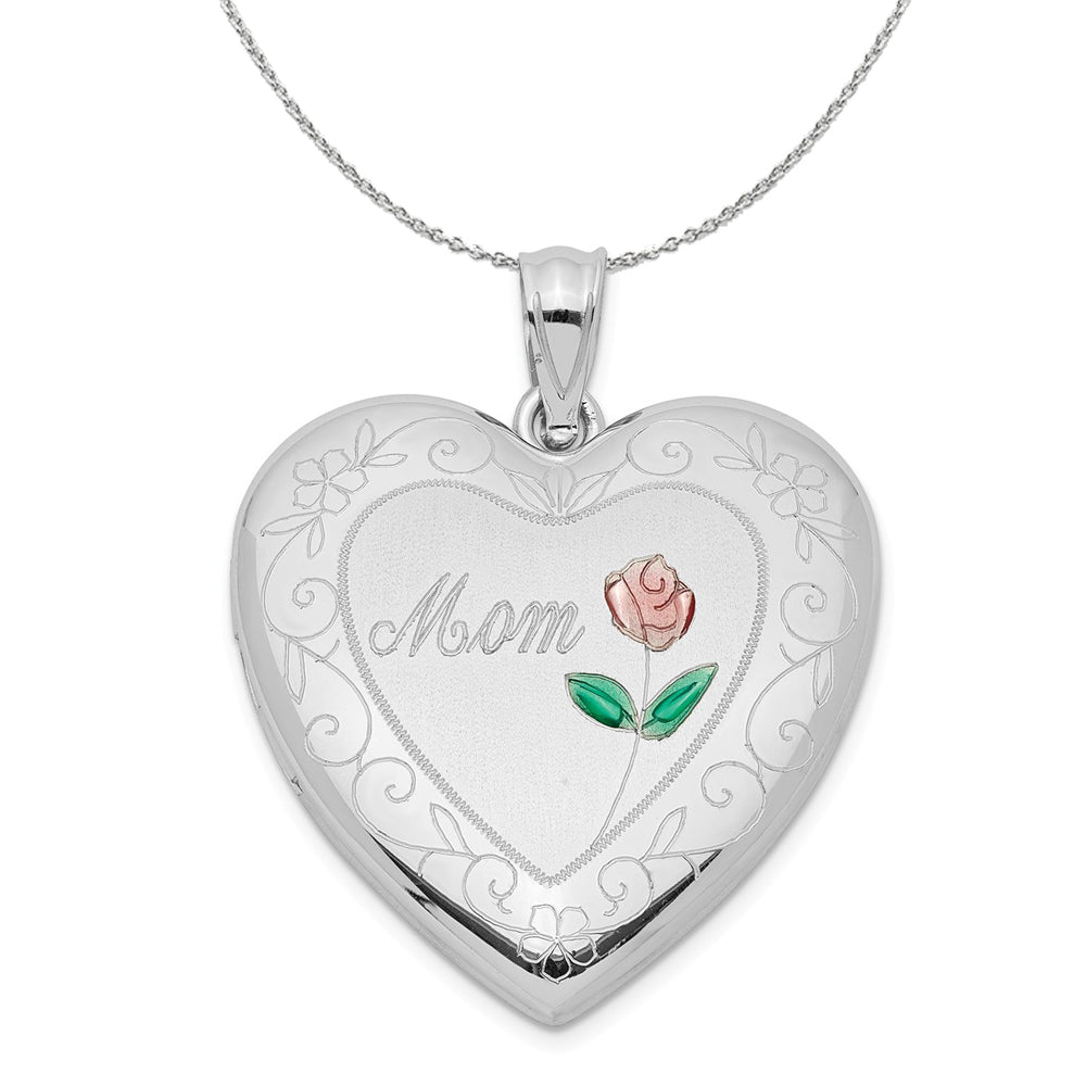 Sterling Silver and Enamel 24mm Mom Rose Heart Locket Necklace, Item N15998 by The Black Bow Jewelry Co.