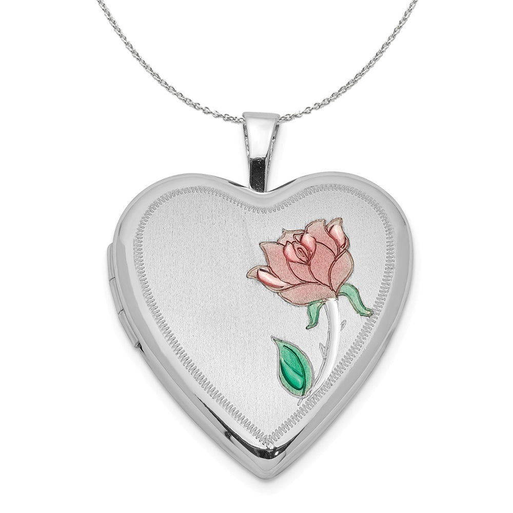 Sterling Silver and Enamel 20mm Rose Heart Locket Necklace, Item N16002 by The Black Bow Jewelry Co.