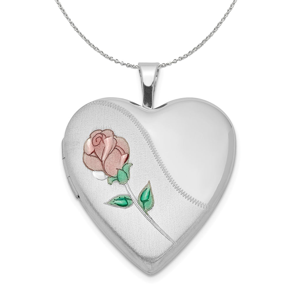 Sterling Silver and Enameled Rose Heart Locket, 20mm Necklace, Item N16003 by The Black Bow Jewelry Co.