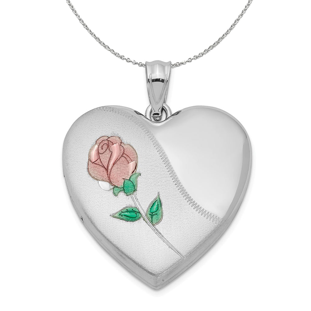 Sterling Silver and Enameled Rose Heart Locket, 24mm Necklace, Item N16004 by The Black Bow Jewelry Co.