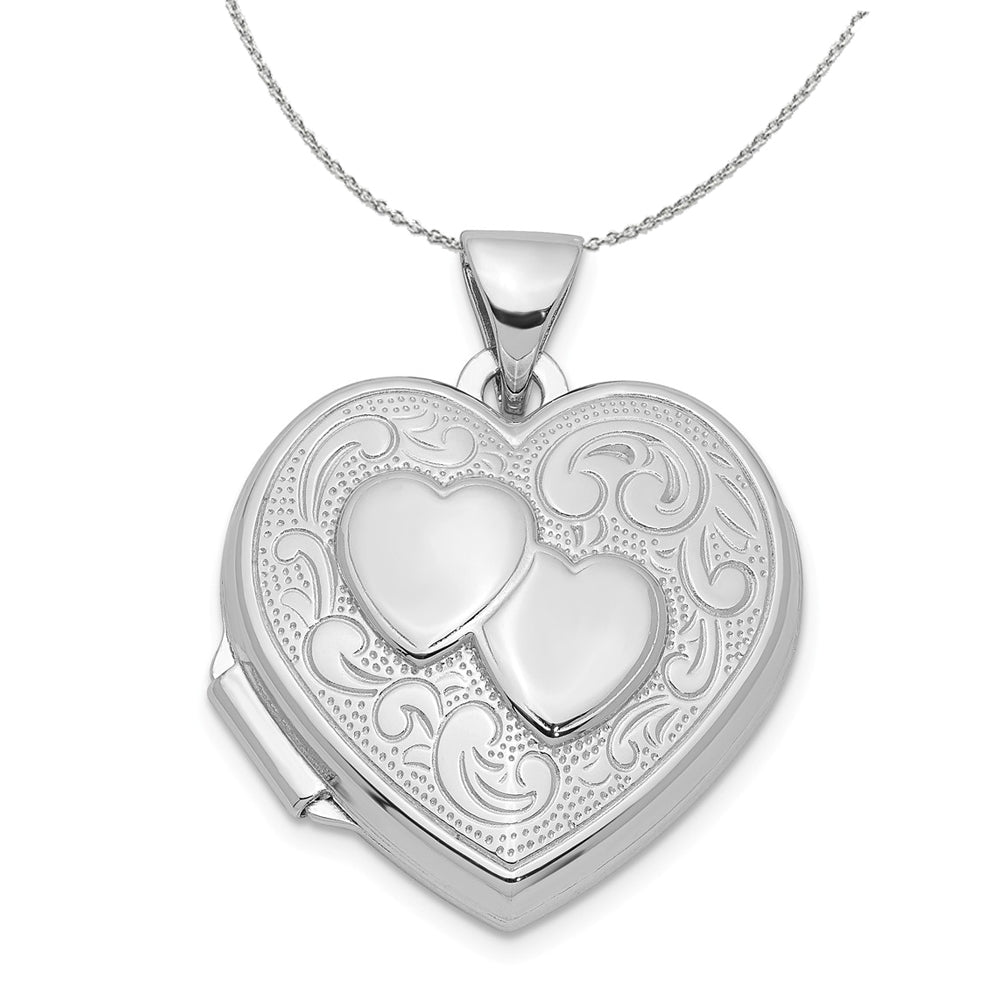 Sterling Silver 18mm Double Design Heart Shaped Locket Necklace, Item N16010 by The Black Bow Jewelry Co.