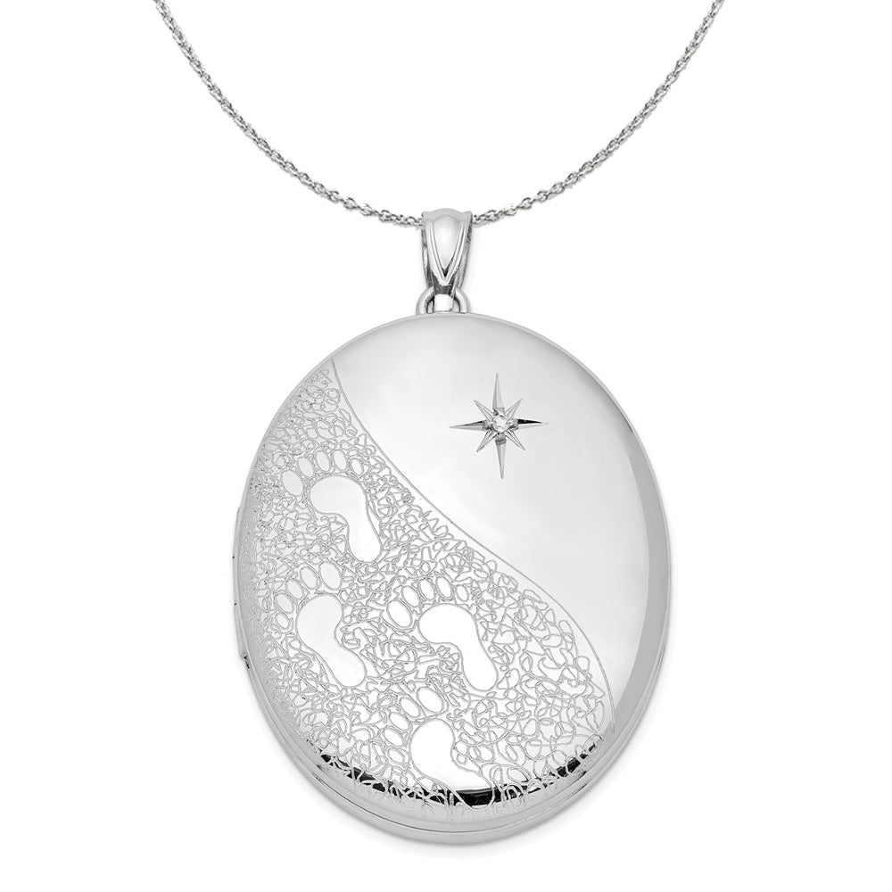 34mm Footprints and Diamond Star Oval Silver Locket Necklace, Item N16017 by The Black Bow Jewelry Co.