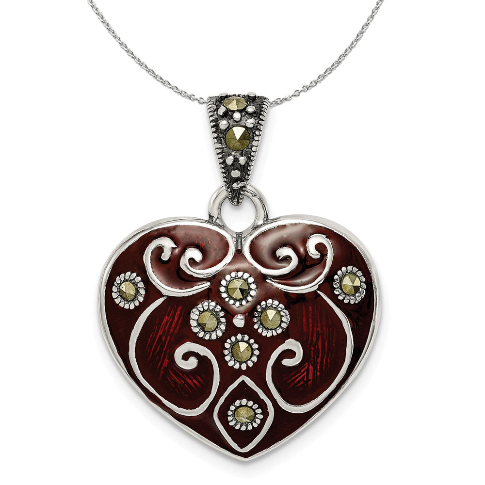 Sterling Silver, Red Enamel and Marcasite Heart 21mm Necklace, Item N16023 by The Black Bow Jewelry Co.